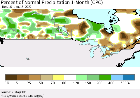 Canada Percent of Normal Precipitation 1-Month (CPC) Thematic Map For 12/16/2021 - 1/15/2022