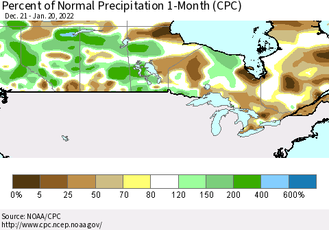Canada Percent of Normal Precipitation 1-Month (CPC) Thematic Map For 12/21/2021 - 1/20/2022