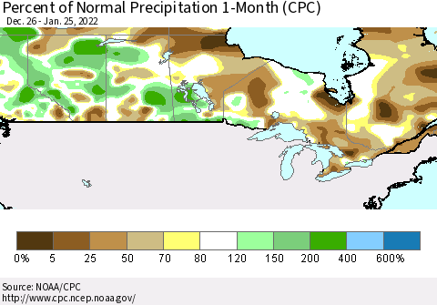 Canada Percent of Normal Precipitation 1-Month (CPC) Thematic Map For 12/26/2021 - 1/25/2022