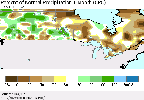 Canada Percent of Normal Precipitation 1-Month (CPC) Thematic Map For 1/1/2022 - 1/31/2022
