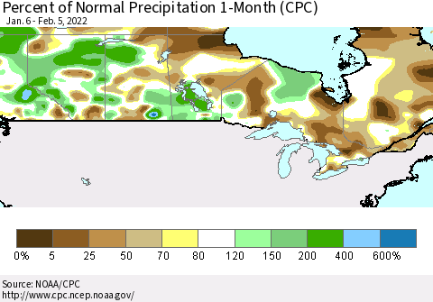 Canada Percent of Normal Precipitation 1-Month (CPC) Thematic Map For 1/6/2022 - 2/5/2022