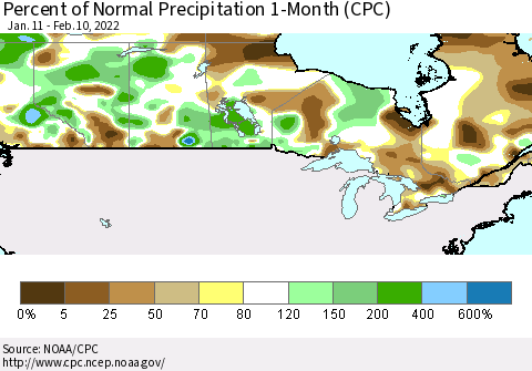 Canada Percent of Normal Precipitation 1-Month (CPC) Thematic Map For 1/11/2022 - 2/10/2022