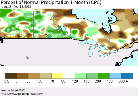 Canada Percent of Normal Precipitation 1-Month (CPC) Thematic Map For 1/16/2022 - 2/15/2022