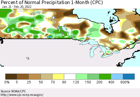 Canada Percent of Normal Precipitation 1-Month (CPC) Thematic Map For 1/21/2022 - 2/20/2022