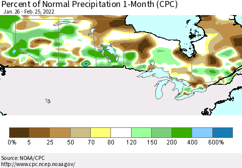 Canada Percent of Normal Precipitation 1-Month (CPC) Thematic Map For 1/26/2022 - 2/25/2022