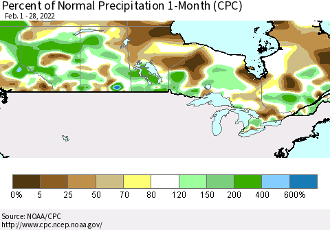 Canada Percent of Normal Precipitation 1-Month (CPC) Thematic Map For 2/1/2022 - 2/28/2022
