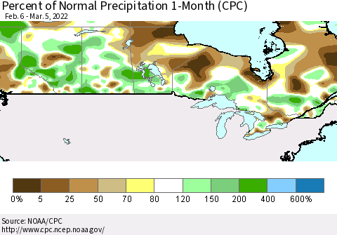 Canada Percent of Normal Precipitation 1-Month (CPC) Thematic Map For 2/6/2022 - 3/5/2022
