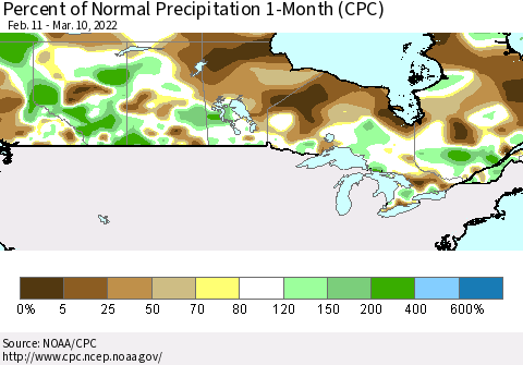 Canada Percent of Normal Precipitation 1-Month (CPC) Thematic Map For 2/11/2022 - 3/10/2022