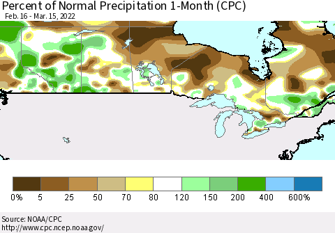 Canada Percent of Normal Precipitation 1-Month (CPC) Thematic Map For 2/16/2022 - 3/15/2022