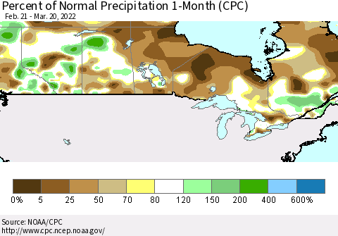Canada Percent of Normal Precipitation 1-Month (CPC) Thematic Map For 2/21/2022 - 3/20/2022