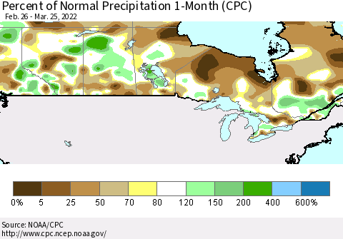 Canada Percent of Normal Precipitation 1-Month (CPC) Thematic Map For 2/26/2022 - 3/25/2022
