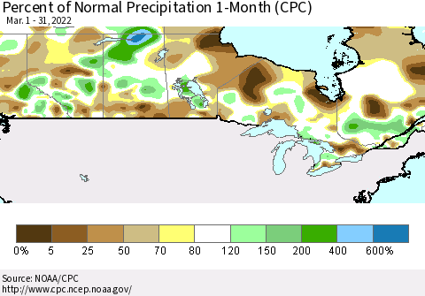 Canada Percent of Normal Precipitation 1-Month (CPC) Thematic Map For 3/1/2022 - 3/31/2022