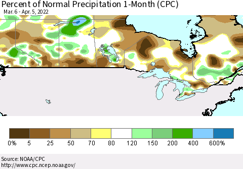 Canada Percent of Normal Precipitation 1-Month (CPC) Thematic Map For 3/6/2022 - 4/5/2022