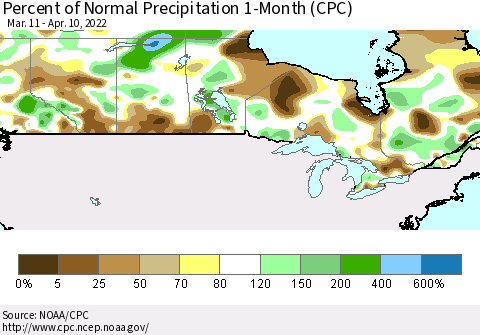 Canada Percent of Normal Precipitation 1-Month (CPC) Thematic Map For 3/11/2022 - 4/10/2022
