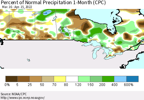 Canada Percent of Normal Precipitation 1-Month (CPC) Thematic Map For 3/16/2022 - 4/15/2022