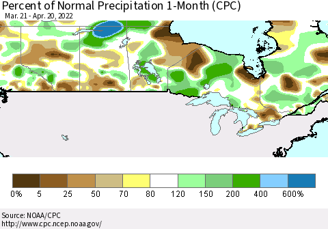Canada Percent of Normal Precipitation 1-Month (CPC) Thematic Map For 3/21/2022 - 4/20/2022