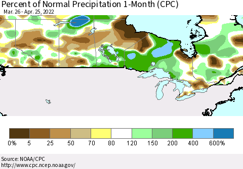 Canada Percent of Normal Precipitation 1-Month (CPC) Thematic Map For 3/26/2022 - 4/25/2022