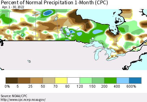 Canada Percent of Normal Precipitation 1-Month (CPC) Thematic Map For 4/1/2022 - 4/30/2022