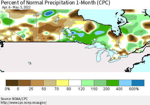 Canada Percent of Normal Precipitation 1-Month (CPC) Thematic Map For 4/6/2022 - 5/5/2022