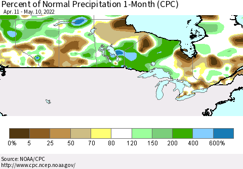 Canada Percent of Normal Precipitation 1-Month (CPC) Thematic Map For 4/11/2022 - 5/10/2022