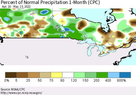 Canada Percent of Normal Precipitation 1-Month (CPC) Thematic Map For 4/16/2022 - 5/15/2022