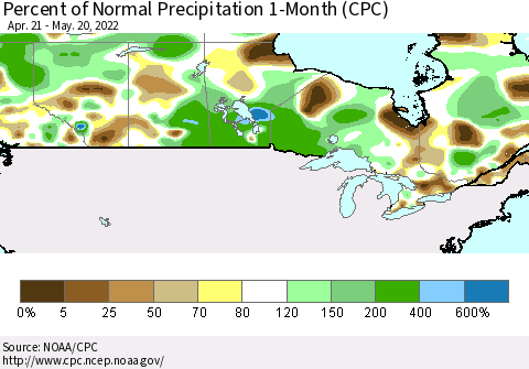 Canada Percent of Normal Precipitation 1-Month (CPC) Thematic Map For 4/21/2022 - 5/20/2022