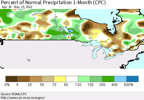 Canada Percent of Normal Precipitation 1-Month (CPC) Thematic Map For 4/26/2022 - 5/25/2022