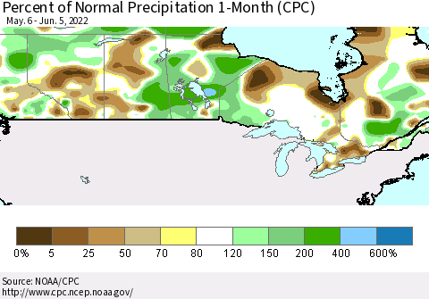 Canada Percent of Normal Precipitation 1-Month (CPC) Thematic Map For 5/6/2022 - 6/5/2022
