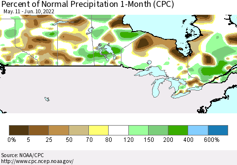 Canada Percent of Normal Precipitation 1-Month (CPC) Thematic Map For 5/11/2022 - 6/10/2022