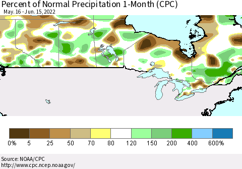 Canada Percent of Normal Precipitation 1-Month (CPC) Thematic Map For 5/16/2022 - 6/15/2022
