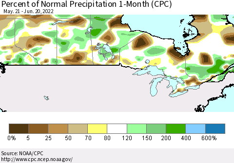 Canada Percent of Normal Precipitation 1-Month (CPC) Thematic Map For 5/21/2022 - 6/20/2022