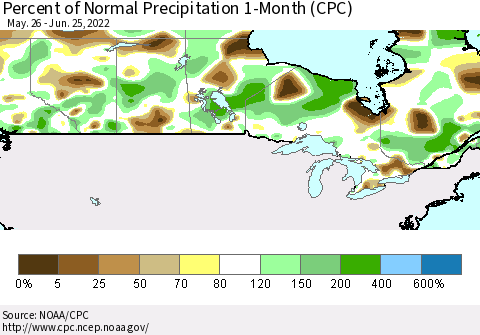Canada Percent of Normal Precipitation 1-Month (CPC) Thematic Map For 5/26/2022 - 6/25/2022