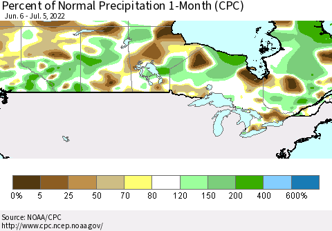 Canada Percent of Normal Precipitation 1-Month (CPC) Thematic Map For 6/6/2022 - 7/5/2022
