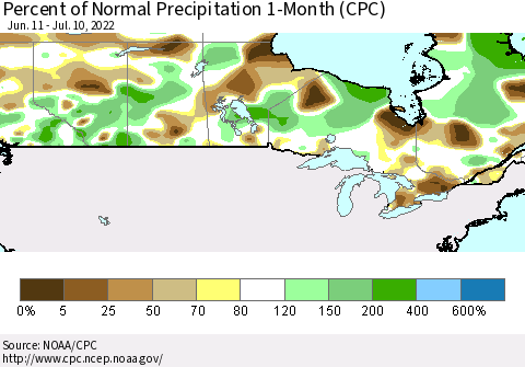 Canada Percent of Normal Precipitation 1-Month (CPC) Thematic Map For 6/11/2022 - 7/10/2022