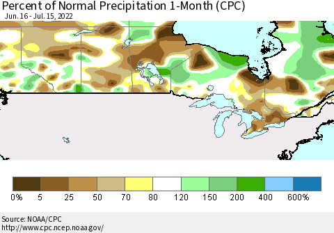 Canada Percent of Normal Precipitation 1-Month (CPC) Thematic Map For 6/16/2022 - 7/15/2022