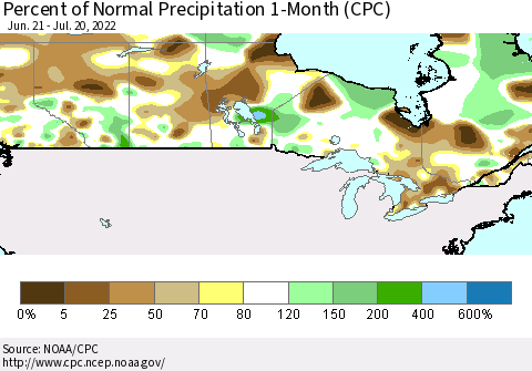 Canada Percent of Normal Precipitation 1-Month (CPC) Thematic Map For 6/21/2022 - 7/20/2022