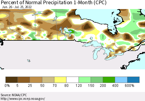 Canada Percent of Normal Precipitation 1-Month (CPC) Thematic Map For 6/26/2022 - 7/25/2022