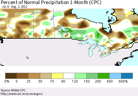 Canada Percent of Normal Precipitation 1-Month (CPC) Thematic Map For 7/6/2022 - 8/5/2022