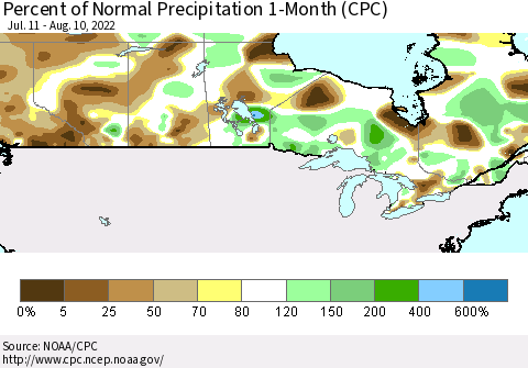 Canada Percent of Normal Precipitation 1-Month (CPC) Thematic Map For 7/11/2022 - 8/10/2022