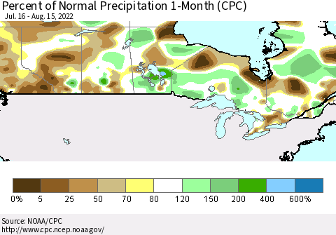 Canada Percent of Normal Precipitation 1-Month (CPC) Thematic Map For 7/16/2022 - 8/15/2022