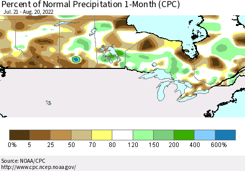 Canada Percent of Normal Precipitation 1-Month (CPC) Thematic Map For 7/21/2022 - 8/20/2022
