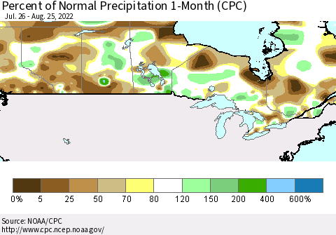 Canada Percent of Normal Precipitation 1-Month (CPC) Thematic Map For 7/26/2022 - 8/25/2022