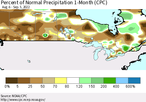 Canada Percent of Normal Precipitation 1-Month (CPC) Thematic Map For 8/6/2022 - 9/5/2022
