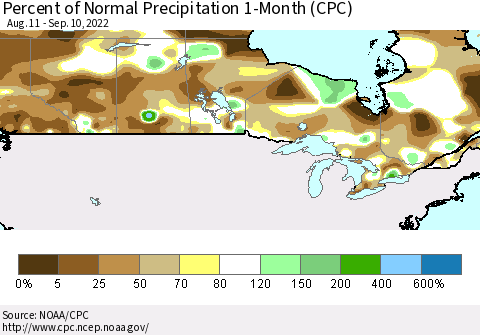 Canada Percent of Normal Precipitation 1-Month (CPC) Thematic Map For 8/11/2022 - 9/10/2022