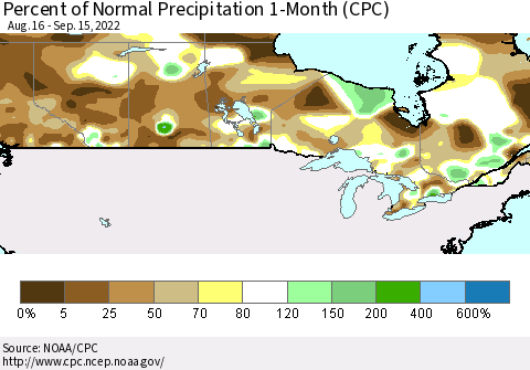Canada Percent of Normal Precipitation 1-Month (CPC) Thematic Map For 8/16/2022 - 9/15/2022
