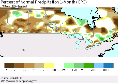 Canada Percent of Normal Precipitation 1-Month (CPC) Thematic Map For 8/21/2022 - 9/20/2022