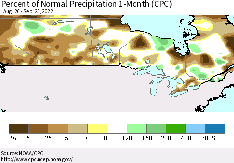 Canada Percent of Normal Precipitation 1-Month (CPC) Thematic Map For 8/26/2022 - 9/25/2022