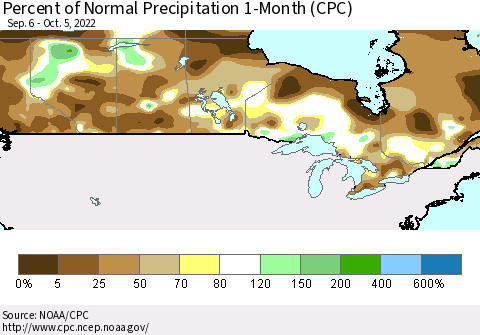 Canada Percent of Normal Precipitation 1-Month (CPC) Thematic Map For 9/6/2022 - 10/5/2022