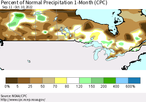 Canada Percent of Normal Precipitation 1-Month (CPC) Thematic Map For 9/11/2022 - 10/10/2022