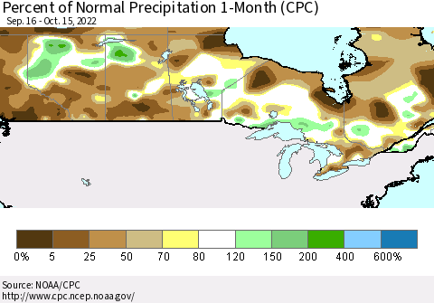 Canada Percent of Normal Precipitation 1-Month (CPC) Thematic Map For 9/16/2022 - 10/15/2022
